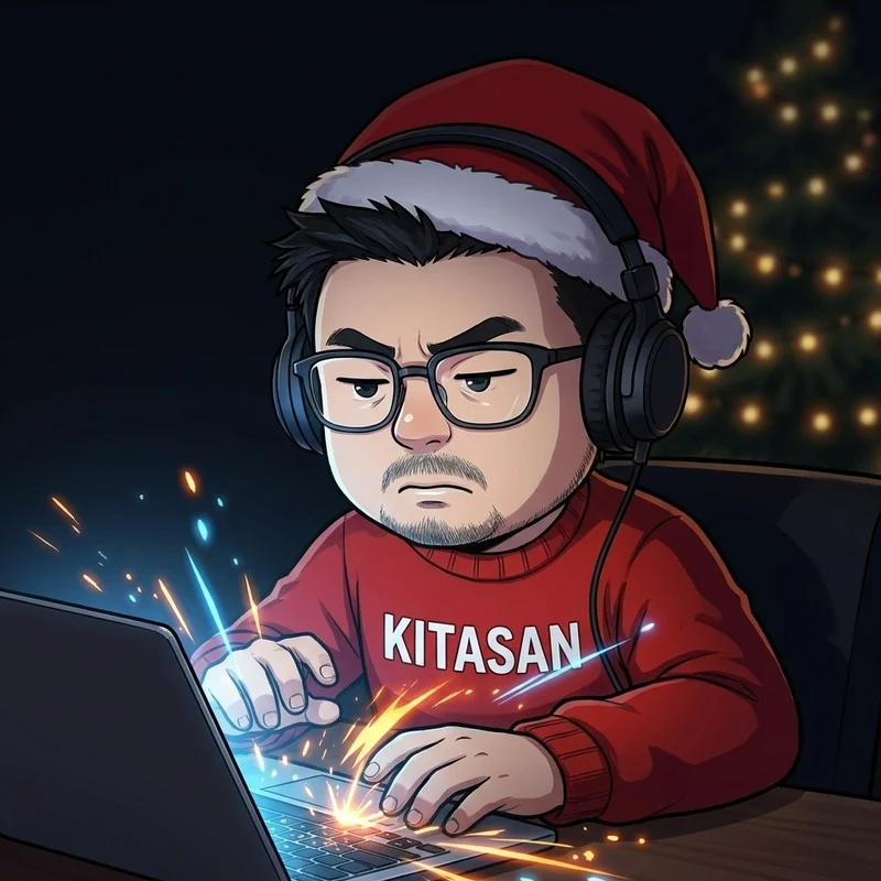 KITASAN のイメージ。メガネとヘッドホン、赤いセーターでノートパソコンに向かい、キーボードから火花が飛んでいるイラスト